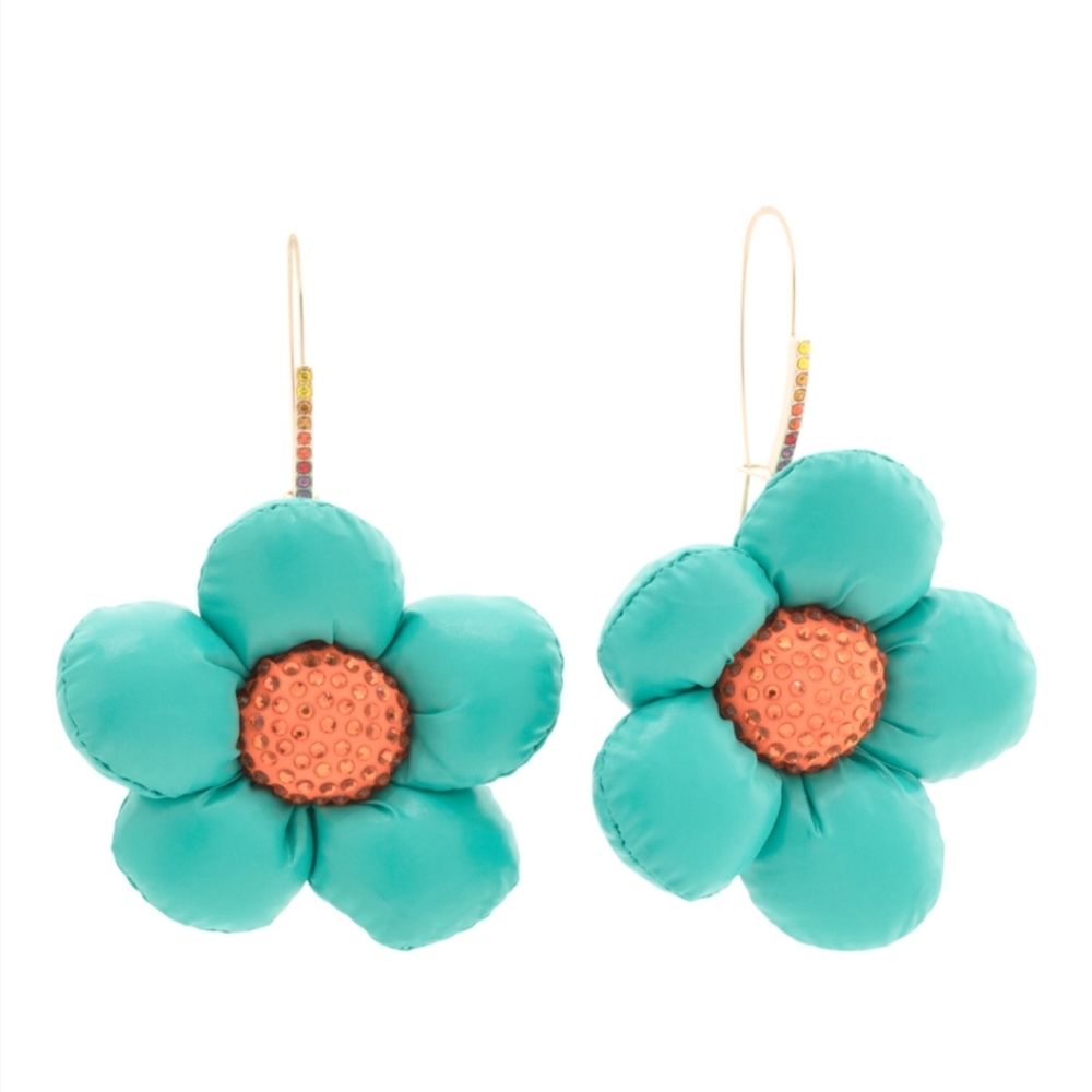 BETSEYS PUFFY FLOWERS HOOK EARRINGS TEAL NWT